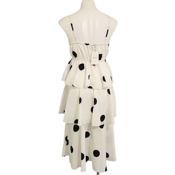 O.P.T.  dress white & black polka-dot tiered midi S NWT - Picture 3 of 5